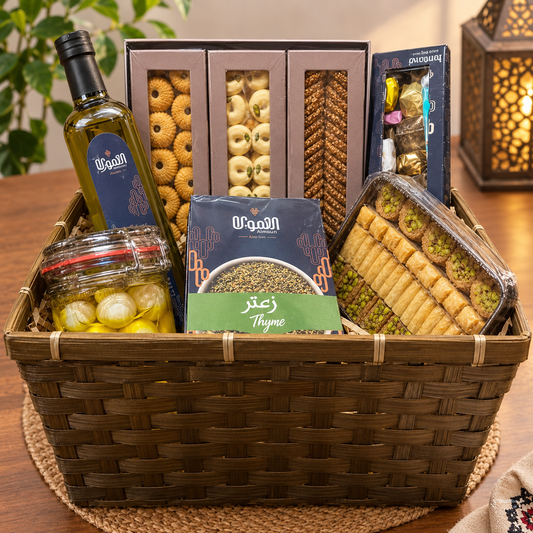 A distinctive and elegant gift basket(A box of barazek, ghariba and dates. Small Arabic sweets, a box of chocolate, labneh, olive oil and thyme)