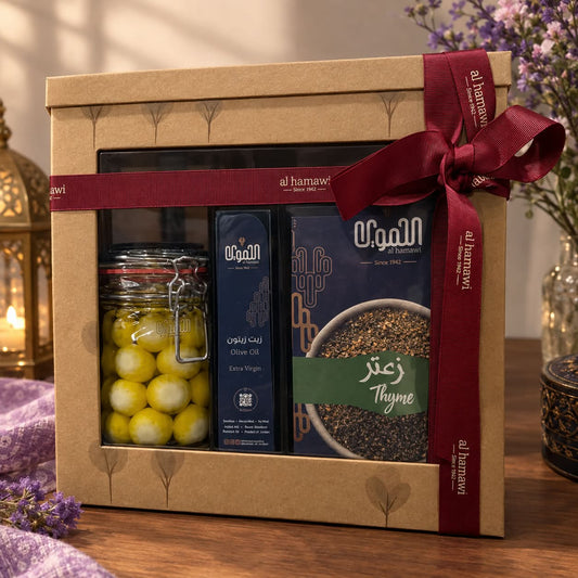A special gift box. Labneh, olive oil, and za'atar.